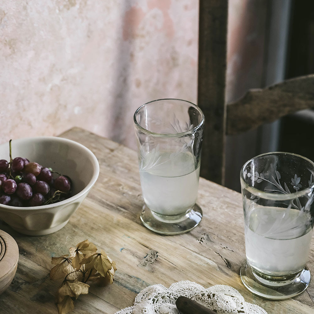 Tall Hand-etched Footed Floral Glassware
